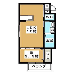 パルム丘の上 2階1LDKの間取り