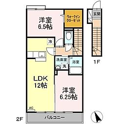 ローズコート・H　B棟 2階2LDKの間取り