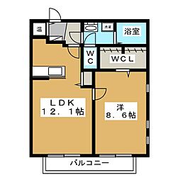 パルテール河辺 2階1LDKの間取り