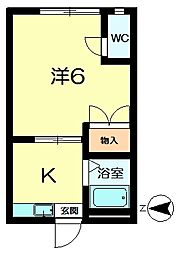 近鉄京都線 山田川駅 徒歩6分の賃貸アパート 2階1Kの間取り
