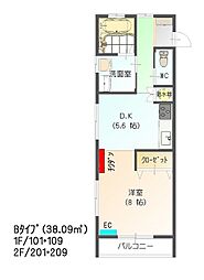 すまいる17番館（Bタイプ） 2階1DKの間取り