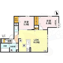 グリューネ塚口本町 1階2LDKの間取り