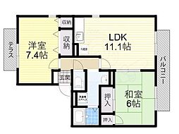 ニューリバーサイド八尾南D 2LDKの間取図画像
