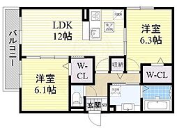 リバード東住吉 2LDKの間取図画像