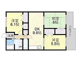 JR阪和線 津久野駅 徒歩6分の賃貸マンション 7階3DKの間取り