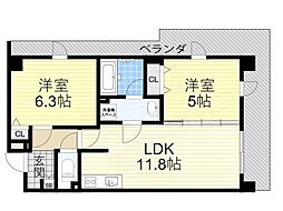 プレステージ11番館 2階2LDKの間取り