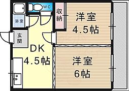 三国ヶ丘グランドマンション 4階2DKの間取り