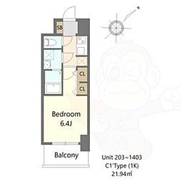 南海高野線 堺東駅 徒歩10分の賃貸マンション 14階1Kの間取り