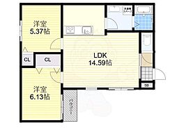 池田市豊島北1丁目アパート 2LDKの間取図画像