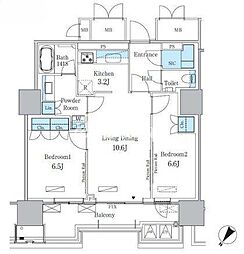 都営大江戸線 勝どき駅 徒歩12分の賃貸マンション 16階2LDKの間取り