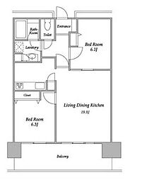 プラザタワー勝どき 12階2LDKの間取り