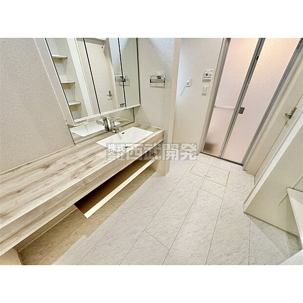 清潔感のある洗面化粧台で、朝の身だしなみをしっかりと。シャワーヘッドが付いているので、お掃除も簡単にできます。