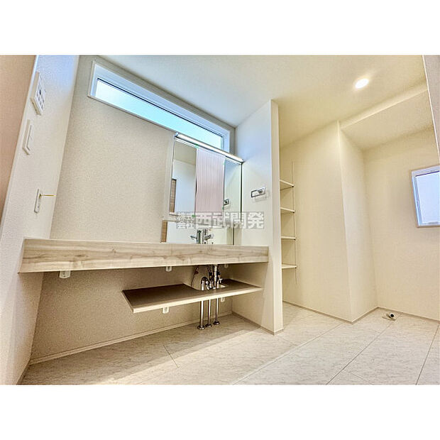 清潔感のある洗面化粧台で、朝の身だしなみをしっかりと。シャワーヘッドが付いているので、お掃除も簡単にできます。