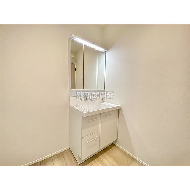 三面鏡、ハンドシャワー付きの洗面化粧台でラクラク朝シャン