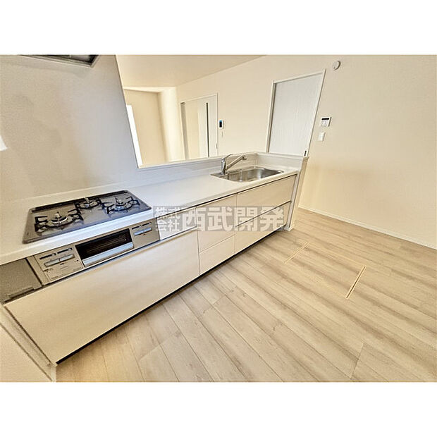 キッチンの蛇口には浄水機能が付いています。シャワーヘッドタイプなのでお掃除も楽になりますね。