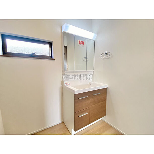 収納力の高い三面鏡付洗面台のある洗面所(12月19日撮影)