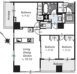 エルヴェ三鷹クレッセント三鷹ザ・タワー 3LDKの間取図画像