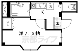 京都市営烏丸線 北大路駅 徒歩15分の賃貸マンション 1階1Kの間取り