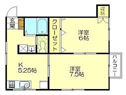コーポささきII 2階2Kの間取り