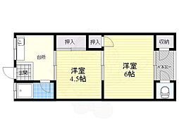 千里丘山口ハイツ 2階2Kの間取り