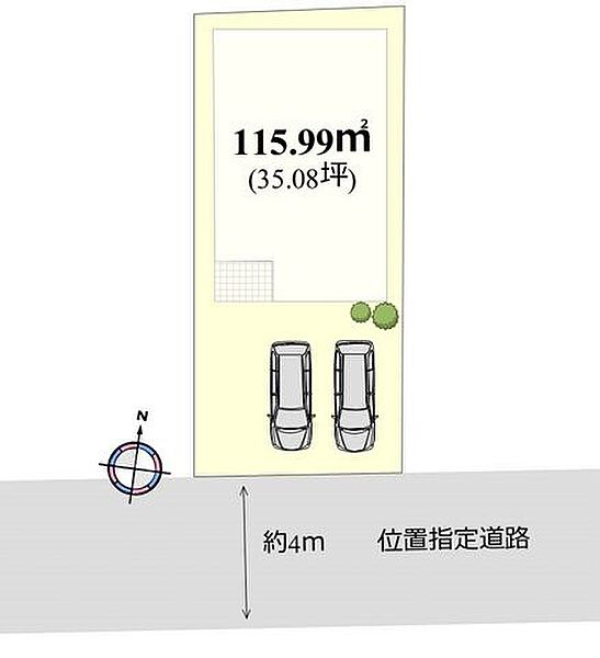 （区画図）駐車スペース並列2台分アリ。南道路に面しているので陽当たり良好です〇