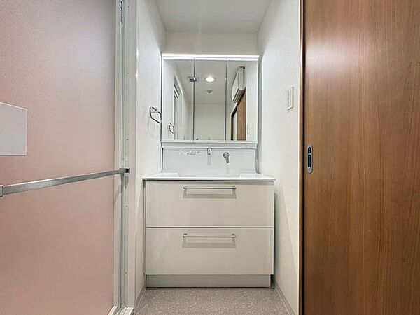 新規交換された三面鏡付きの洗面化粧台