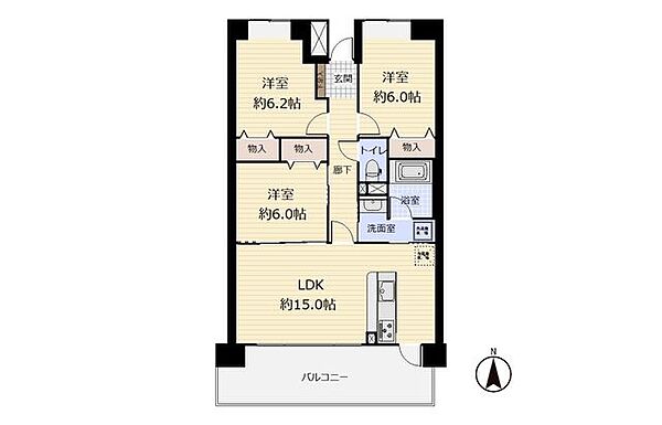 全居室収納付き3LDKの間取り。南向きにつき陽当り良好。