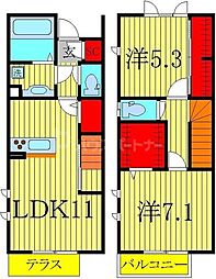つくばエクスプレス 流山おおたかの森駅 徒歩14分の賃貸アパート 1階2LDKの間取り