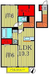 東武野田線 逆井駅 3.4kmの賃貸アパート 2階2LDKの間取り