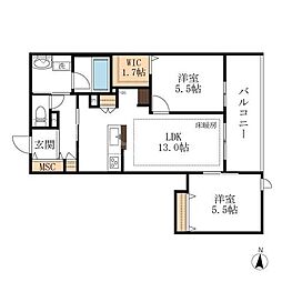 JR常磐線 柏駅 徒歩9分の賃貸マンション 2階2LDKの間取り