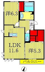 つくばエクスプレス 流山セントラルパーク駅 徒歩11分の賃貸アパート 2階2LDKの間取り