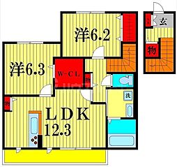 つくばエクスプレス 流山おおたかの森駅 徒歩19分の賃貸アパート 2階2LDKの間取り