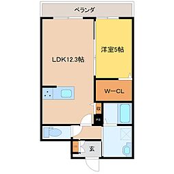 プランドール西原 2階1LDKの間取り