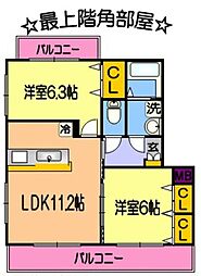 アムール尾ノ上II 3階2LDKの間取り