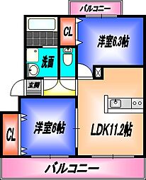 アムール尾ノ上2 2LDKの間取図画像