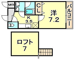 阪急神戸本線 春日野道駅 徒歩10分の賃貸アパート 2階1Kの間取り