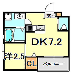 阪急神戸本線 六甲駅 徒歩12分の賃貸マンション 2階1DKの間取り