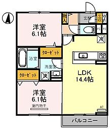 阪神本線 出屋敷駅 徒歩15分の賃貸アパート 2階2LDKの間取り