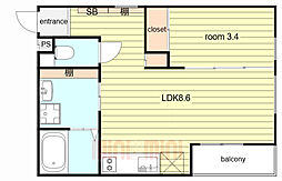 阪急神戸本線 園田駅 徒歩3分の賃貸アパート 3階1LDKの間取り