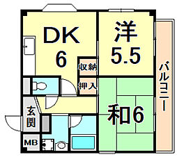 フェリエ甲子園 2DKの間取図画像