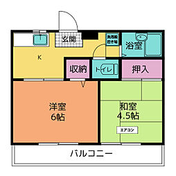 山口ハイツB 2階2Kの間取り
