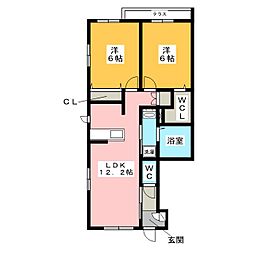 ベル　フルールB 1階2LDKの間取り