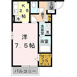 セジュール若宮 2階1Kの間取り