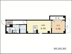 フォルモント城陽 2階1LDKの間取り