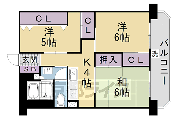 山科団地　Ｂ棟 423｜京都府京都市山科区西野阿芸沢町(賃貸マンション3K・4階・51.98㎡)の写真 その2