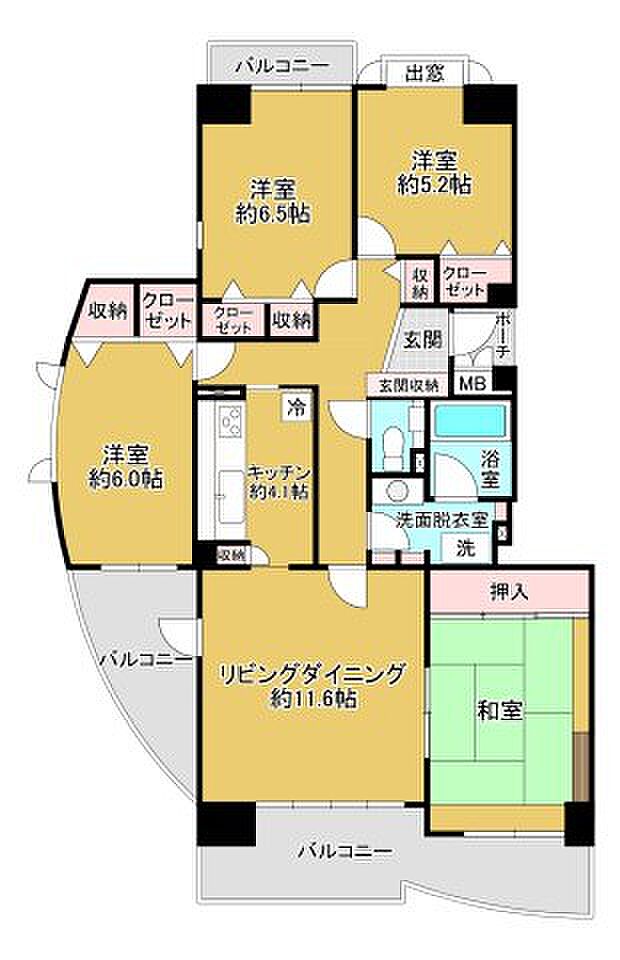 三面採光の角部屋部分・エレベータ停止階