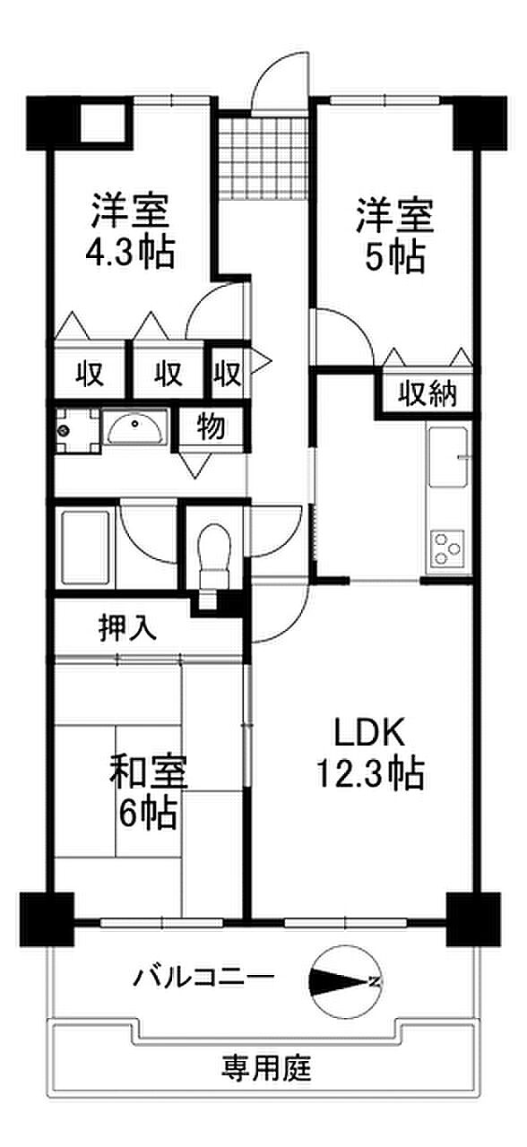 ユニライフ北大阪3号棟(3LDK) 1階の間取り