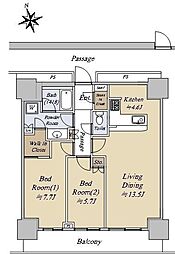 ルネッサなんばタワー 7階2LDKの間取り