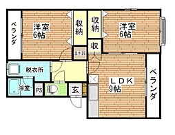 ガーデンハイム樗三番館 4階2LDKの間取り