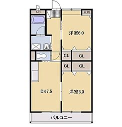 Plum　Garden 3階2DKの間取り